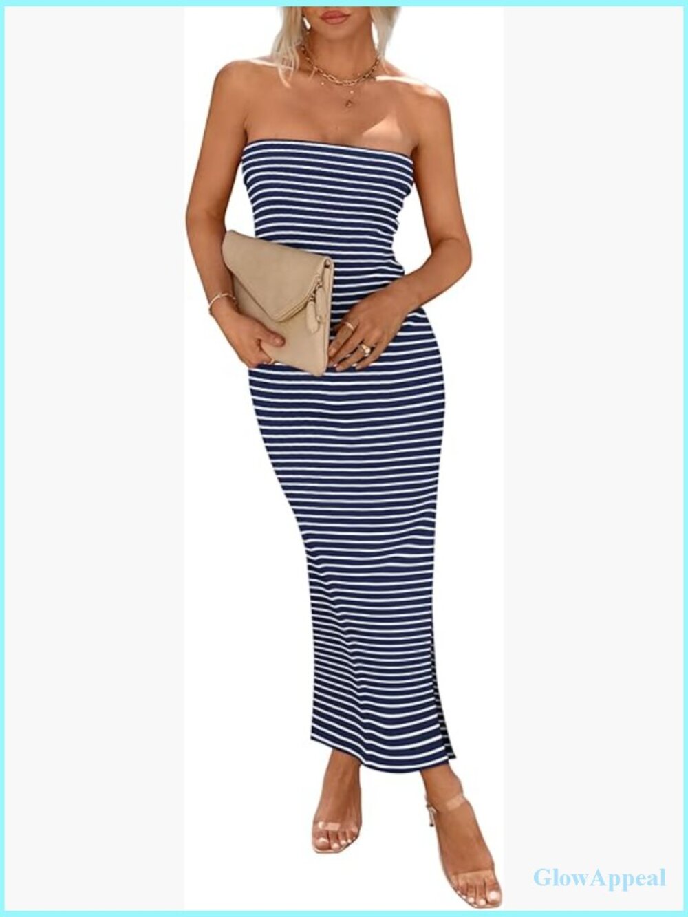 Strapless Tube Bodycon Maxi Dress With Side Slit, Ribbed Knit, Stretchy, Sexy,